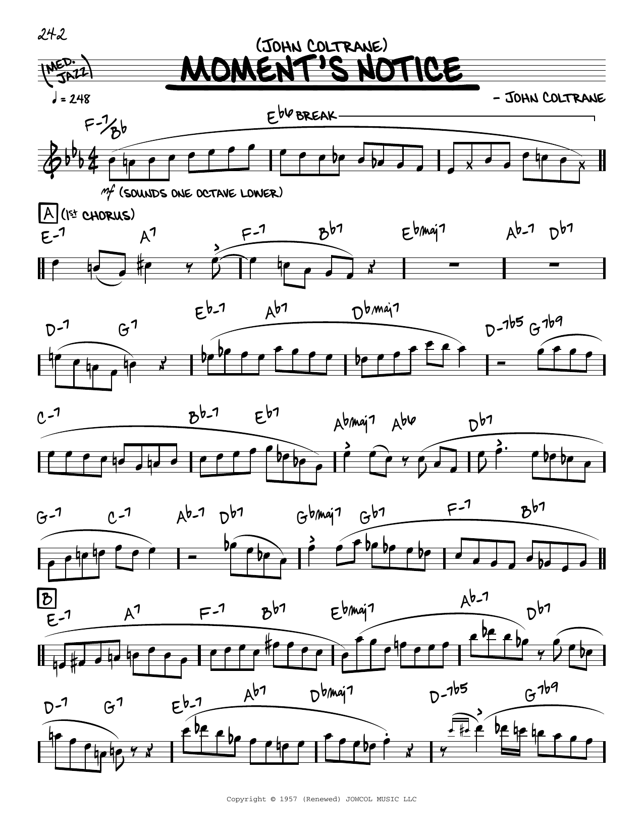 Download John Coltrane Moment's Notice (solo only) Sheet Music and learn how to play Real Book – Melody & Chords PDF digital score in minutes
