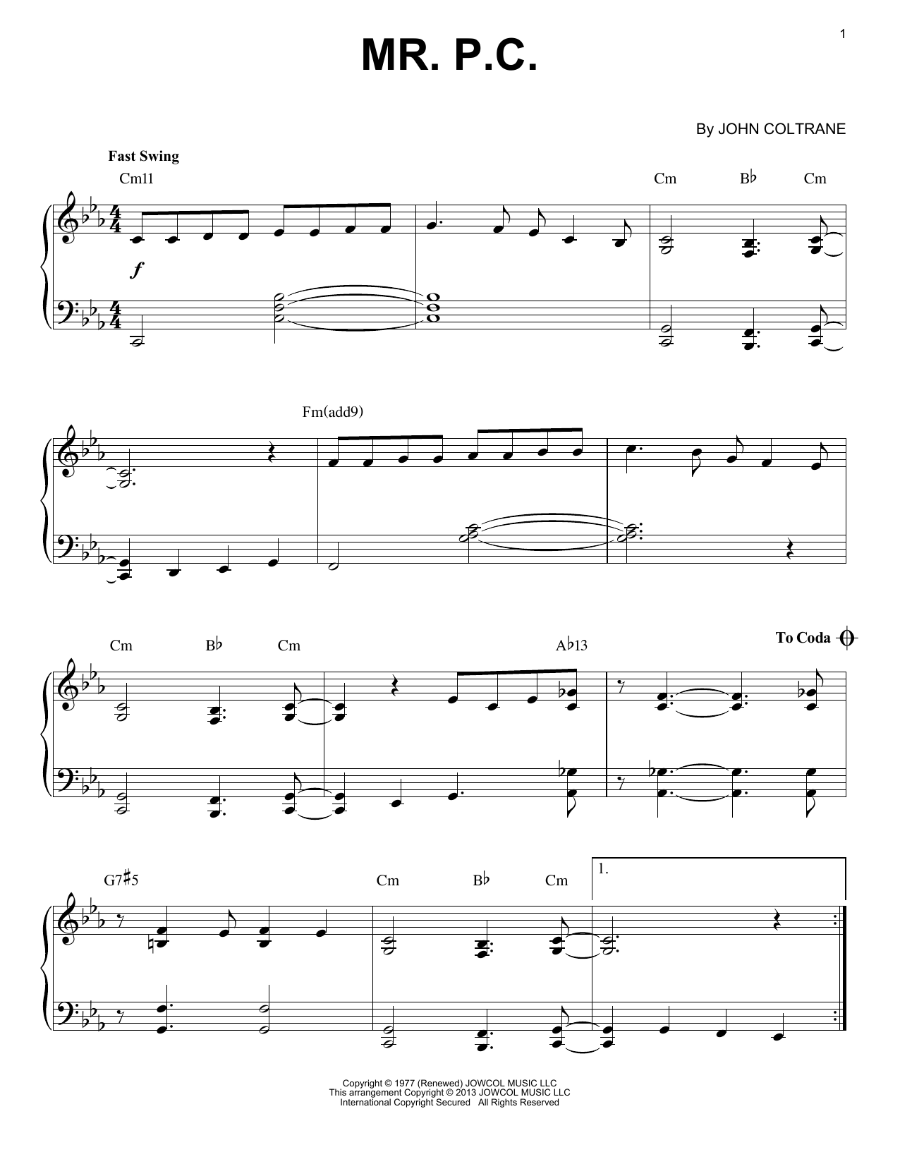 Download John Coltrane Mr. P.C. (arr. Brent Edstrom) Sheet Music and learn how to play Piano Solo PDF digital score in minutes