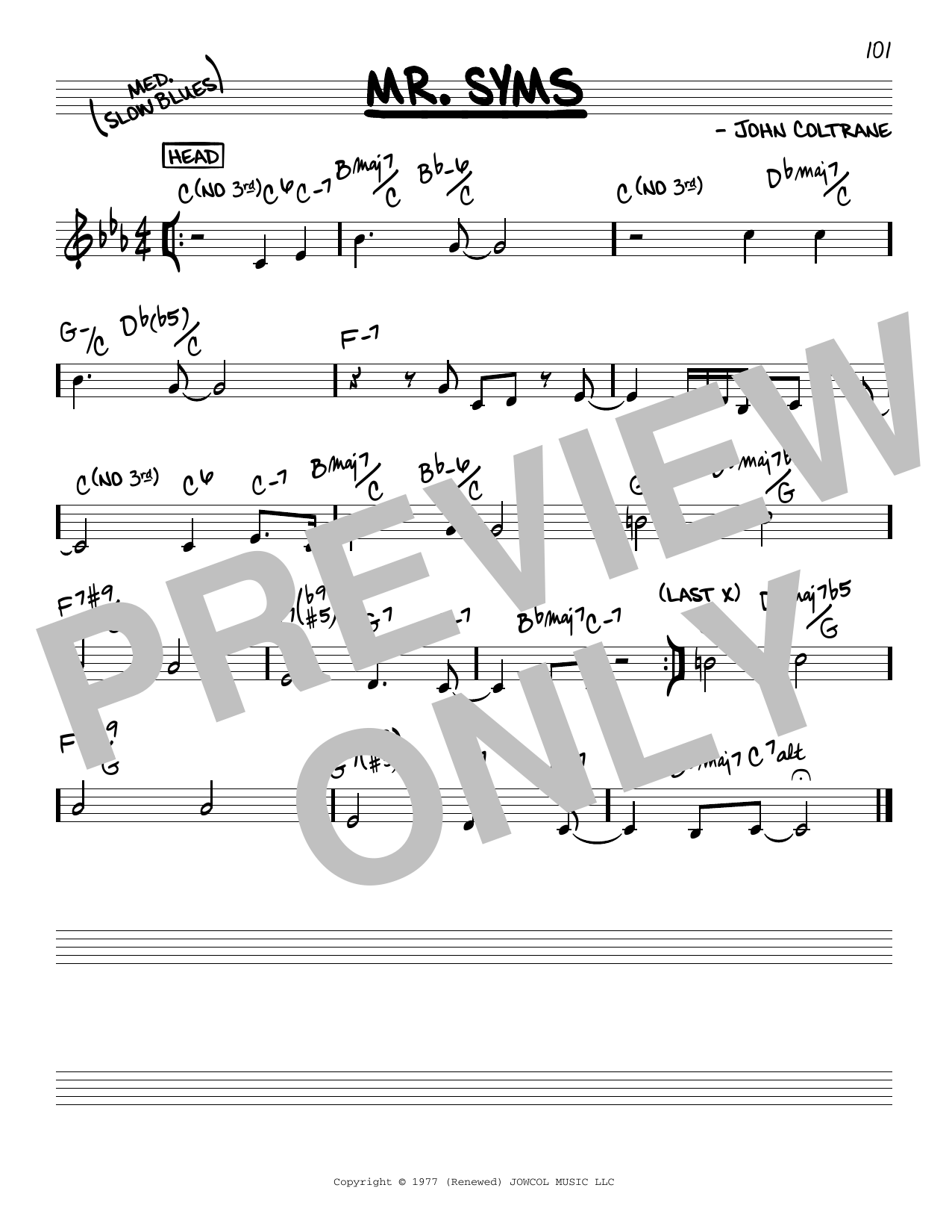 Download John Coltrane Mr. Syms Sheet Music and learn how to play Real Book – Melody & Chords PDF digital score in minutes