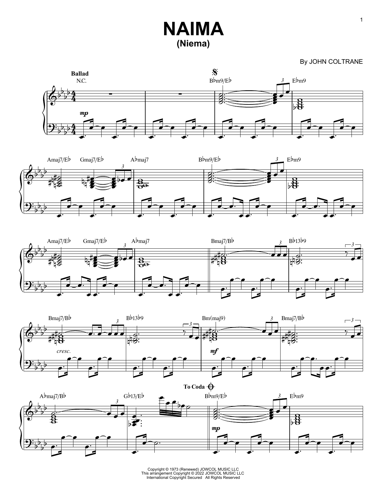Download John Coltrane Naima (Niema) [Jazz version] (arr. Brent Edstrom) Sheet Music and learn how to play Piano Solo PDF digital score in minutes