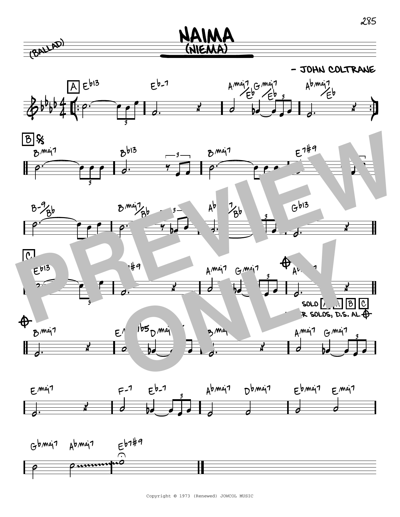 Download John Coltrane Naima (Niema) [Reharmonized version] (arr. Jack Grassel) Sheet Music and learn how to play Real Book – Melody & Chords PDF digital score in minutes