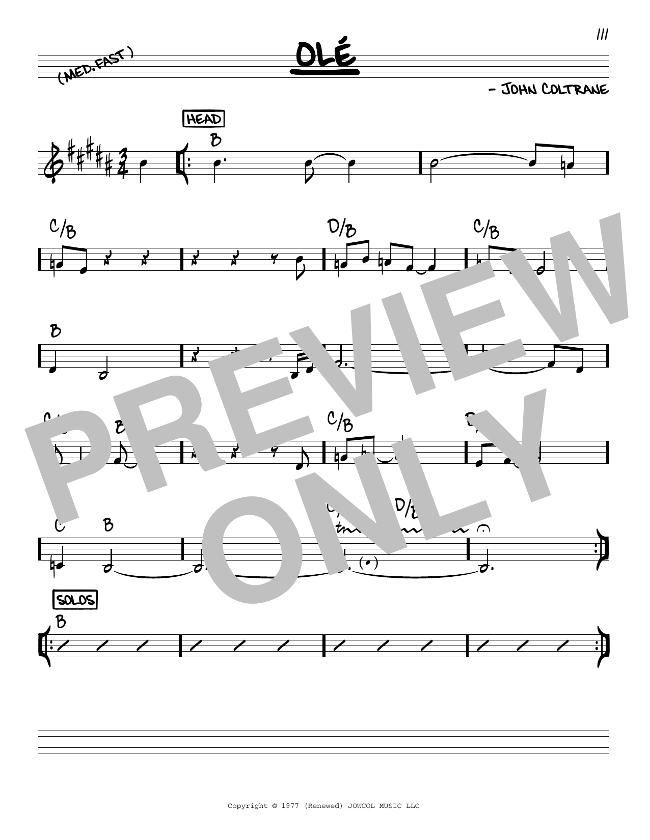 Download John Coltrane Olé Sheet Music and learn how to play Real Book – Melody & Chords PDF digital score in minutes