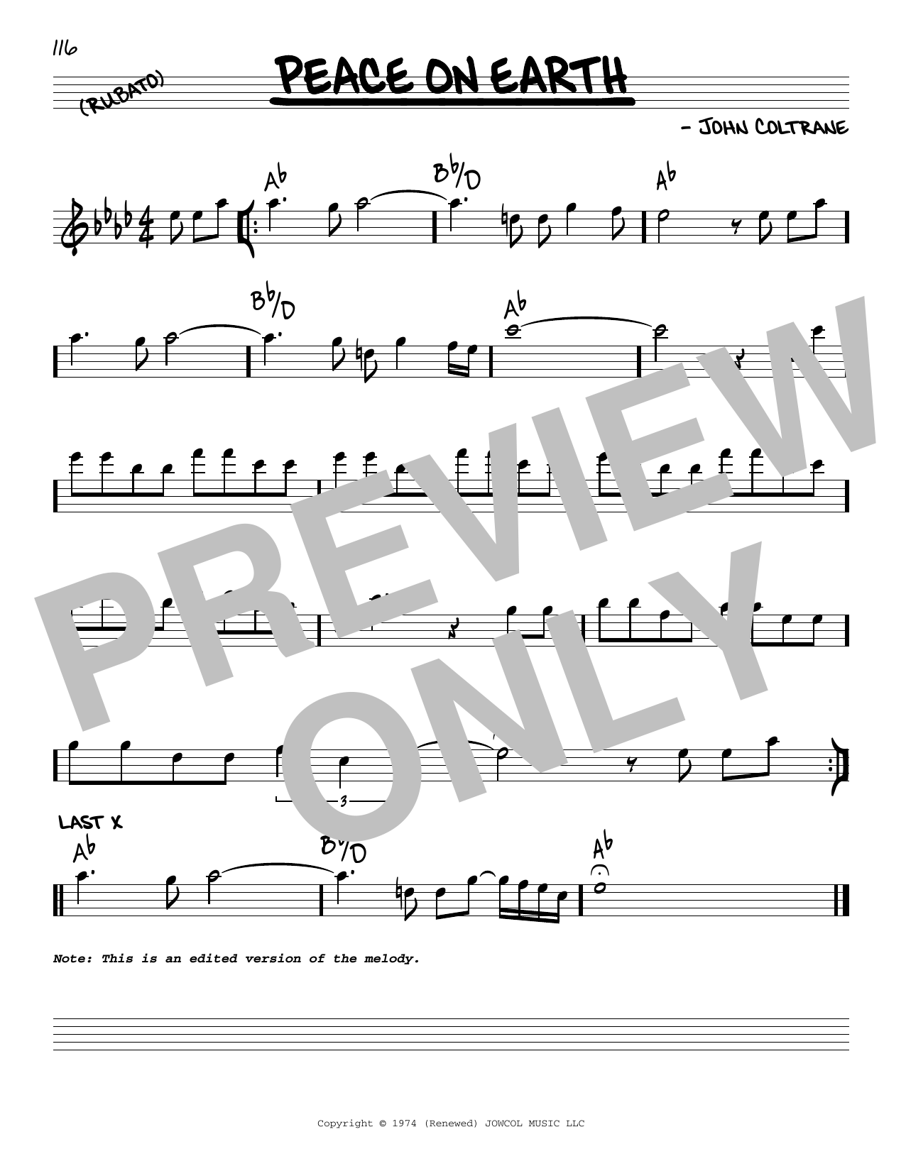 Download John Coltrane Peace On Earth Sheet Music and learn how to play Real Book – Melody & Chords PDF digital score in minutes
