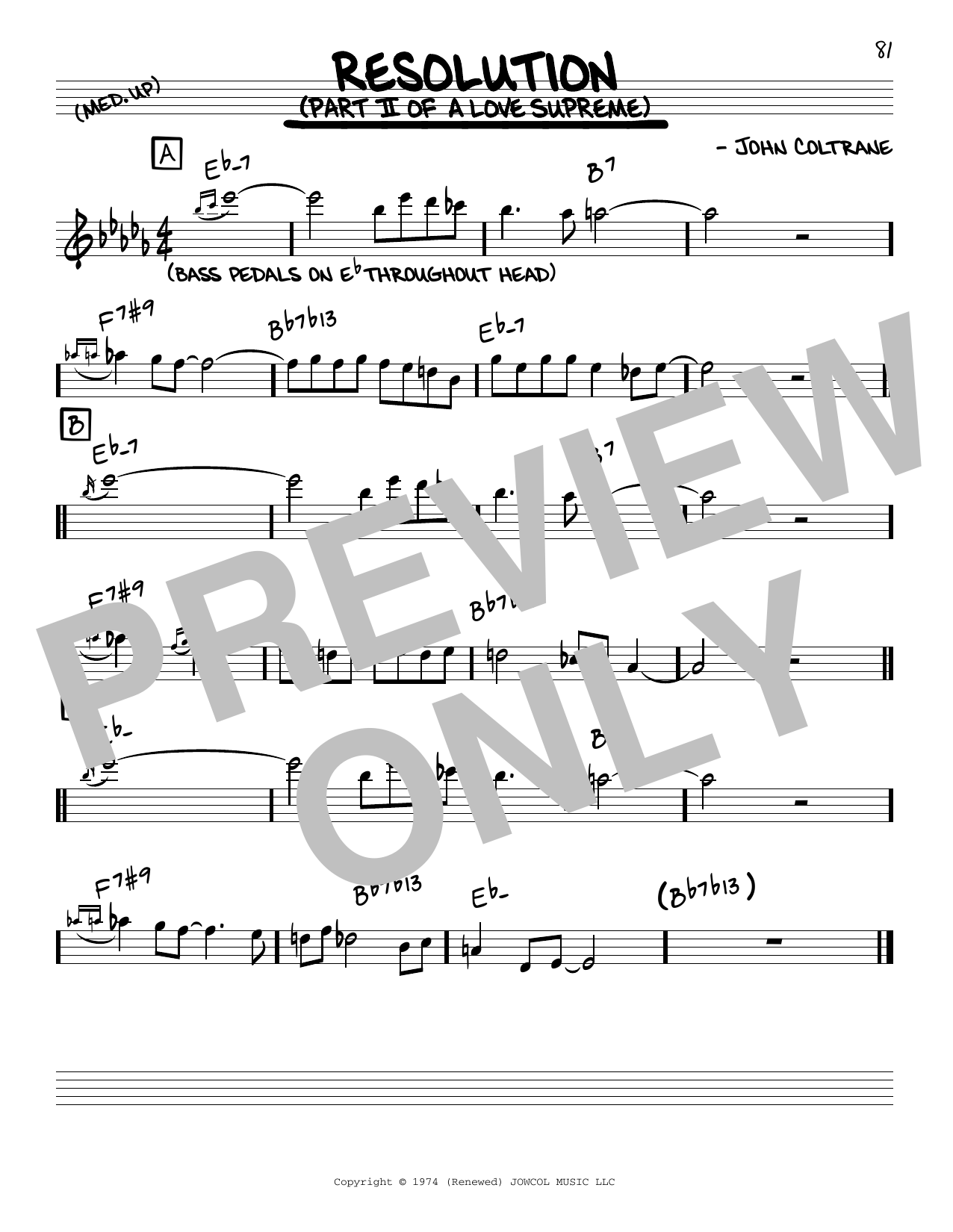Download John Coltrane Resolution Sheet Music and learn how to play Real Book – Melody & Chords PDF digital score in minutes