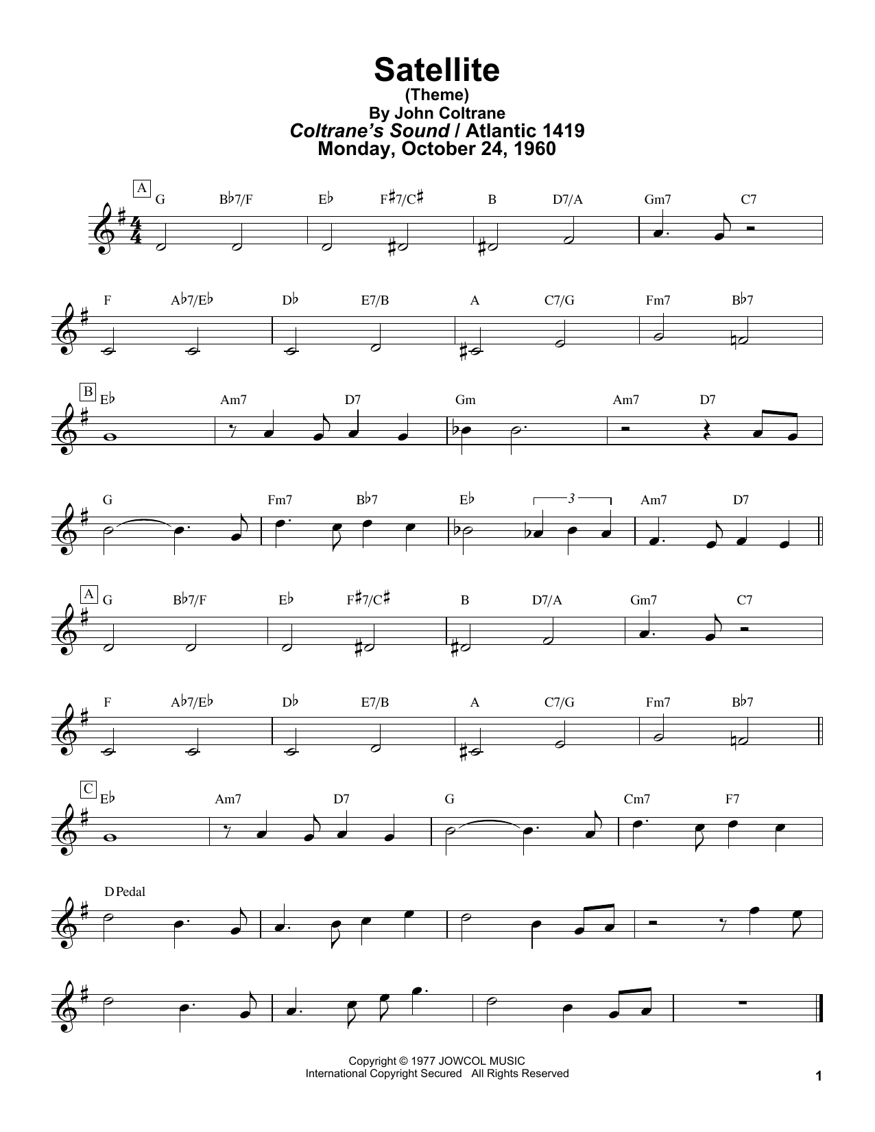 Download John Coltrane Satellite Sheet Music and learn how to play Real Book – Melody & Chords PDF digital score in minutes