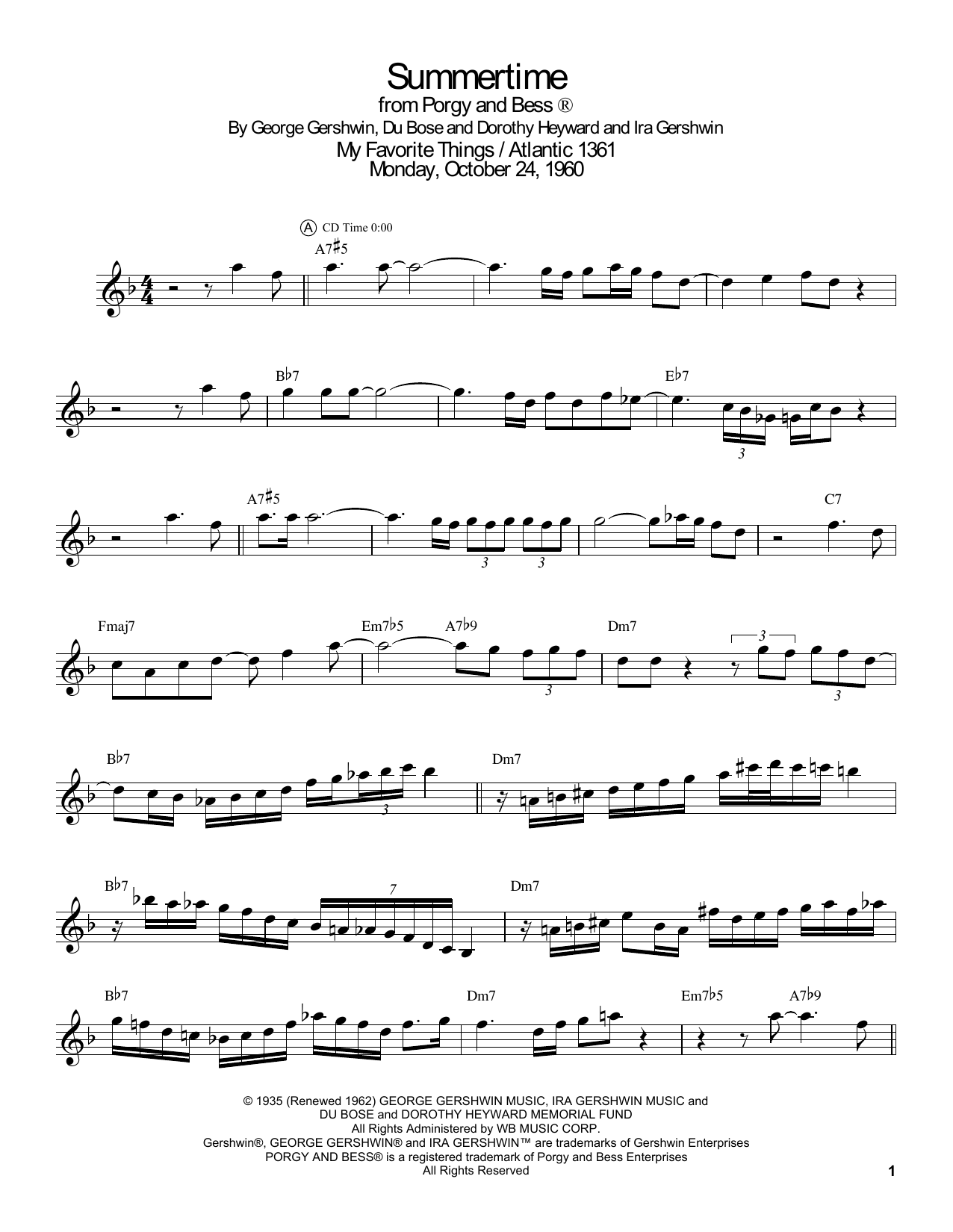 Download John Coltrane Summertime Sheet Music and learn how to play Real Book – Melody & Chords PDF digital score in minutes