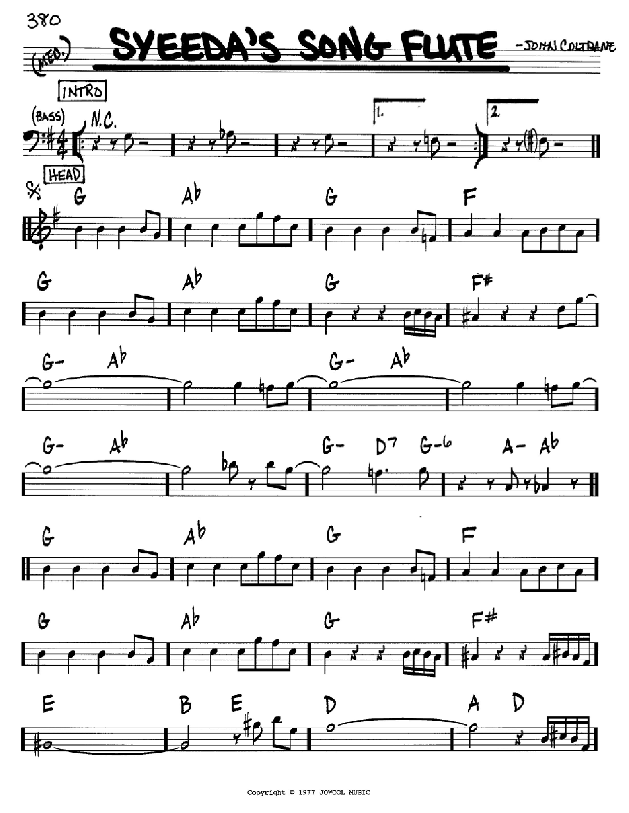 Download John Coltrane Syeeda's Song Flute Sheet Music and learn how to play Real Book – Melody & Chords – C Instruments PDF digital score in minutes