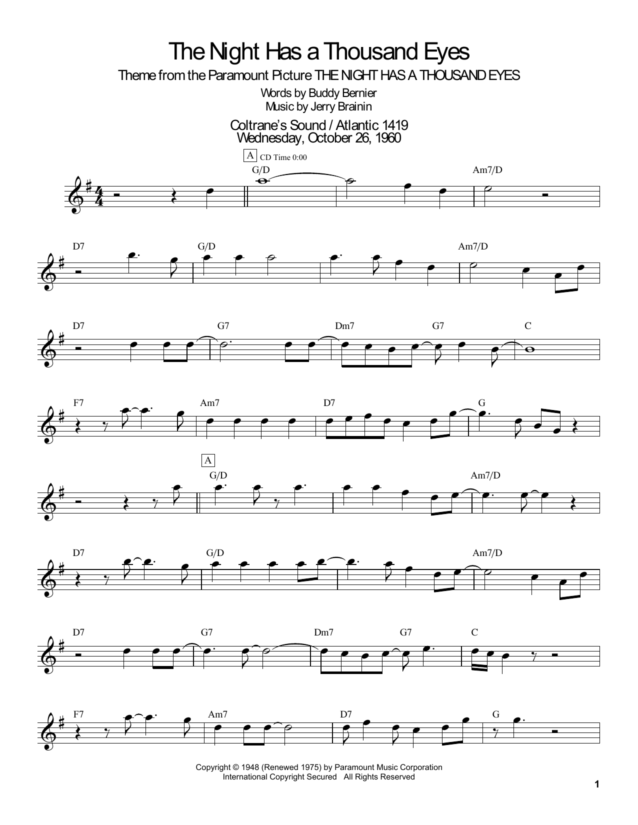 Download John Coltrane The Night Has A Thousand Eyes Sheet Music and learn how to play Tenor Sax Transcription PDF digital score in minutes