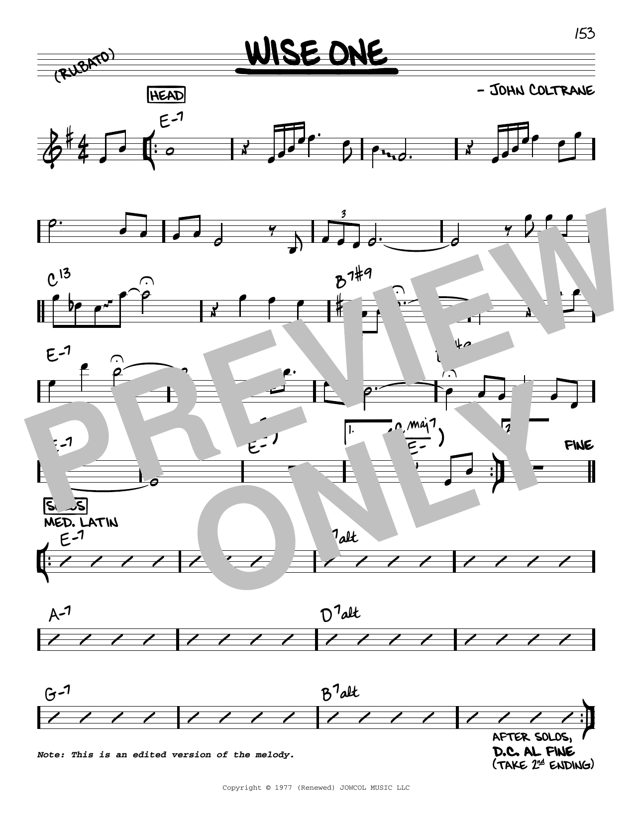 Download John Coltrane Wise One Sheet Music and learn how to play Real Book – Melody & Chords PDF digital score in minutes