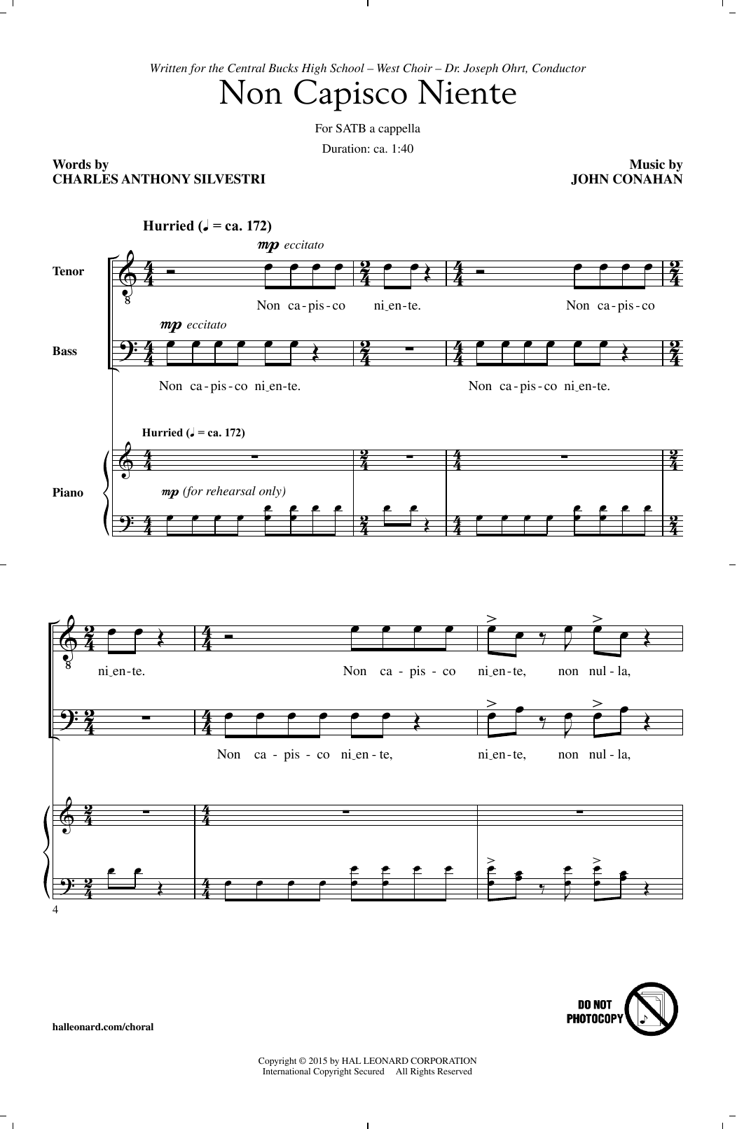 Download John Conahan Non Capisco Niente Sheet Music and learn how to play SATB PDF digital score in minutes