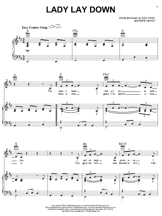 Download John Conlee Lady Lay Down Sheet Music and learn how to play Piano, Vocal & Guitar (Right-Hand Melody) PDF digital score in minutes