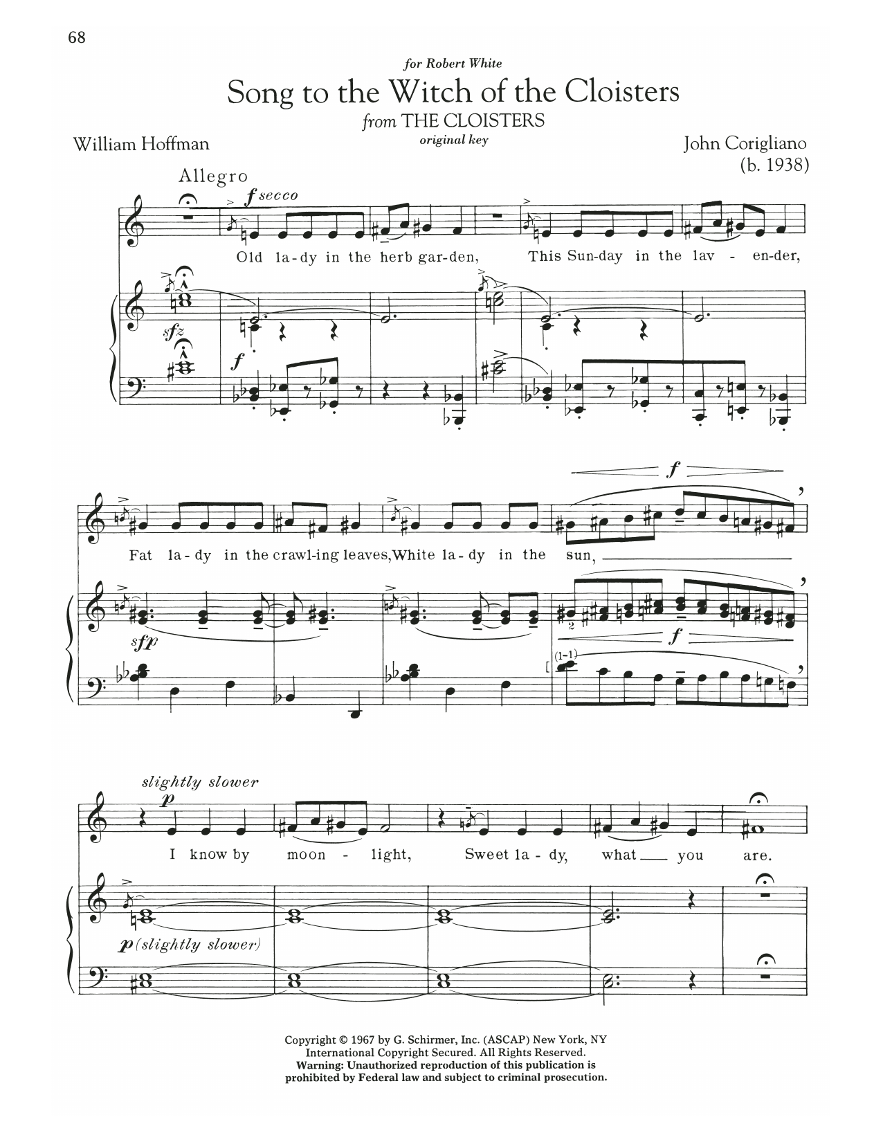 Download John Corigliano Song To The Witch Of The Cloisters Sheet Music and learn how to play Piano & Vocal PDF digital score in minutes