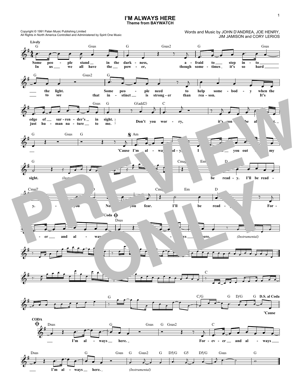 Download John D'Andrea I'm Always Here Sheet Music and learn how to play Melody Line, Lyrics & Chords PDF digital score in minutes