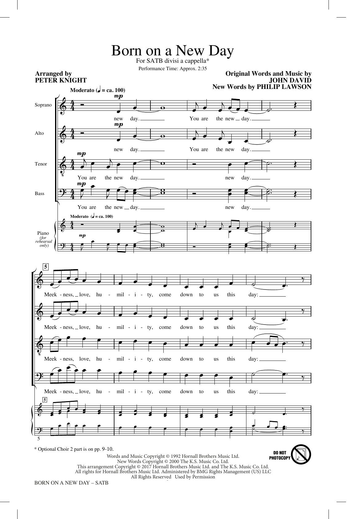 Download John David & Philip Lawson Born On A New Day (arr. Peter Knight) Sheet Music and learn how to play SATB Choir PDF digital score in minutes