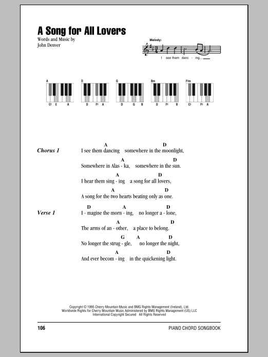 Download John Denver A Song For All Lovers Sheet Music and learn how to play Lyrics & Piano Chords PDF digital score in minutes