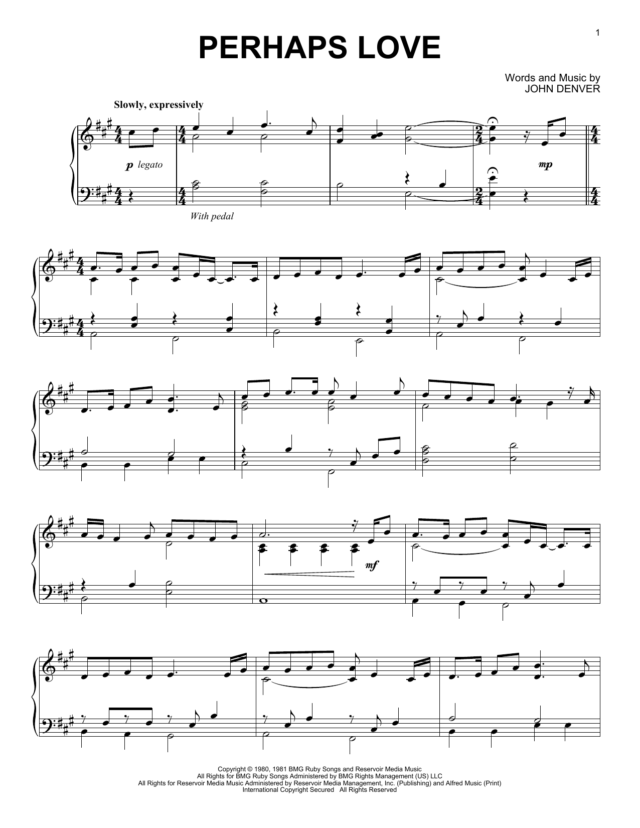 Download John Denver and Placido Domingo Perhaps Love Sheet Music and learn how to play Very Easy Piano PDF digital score in minutes