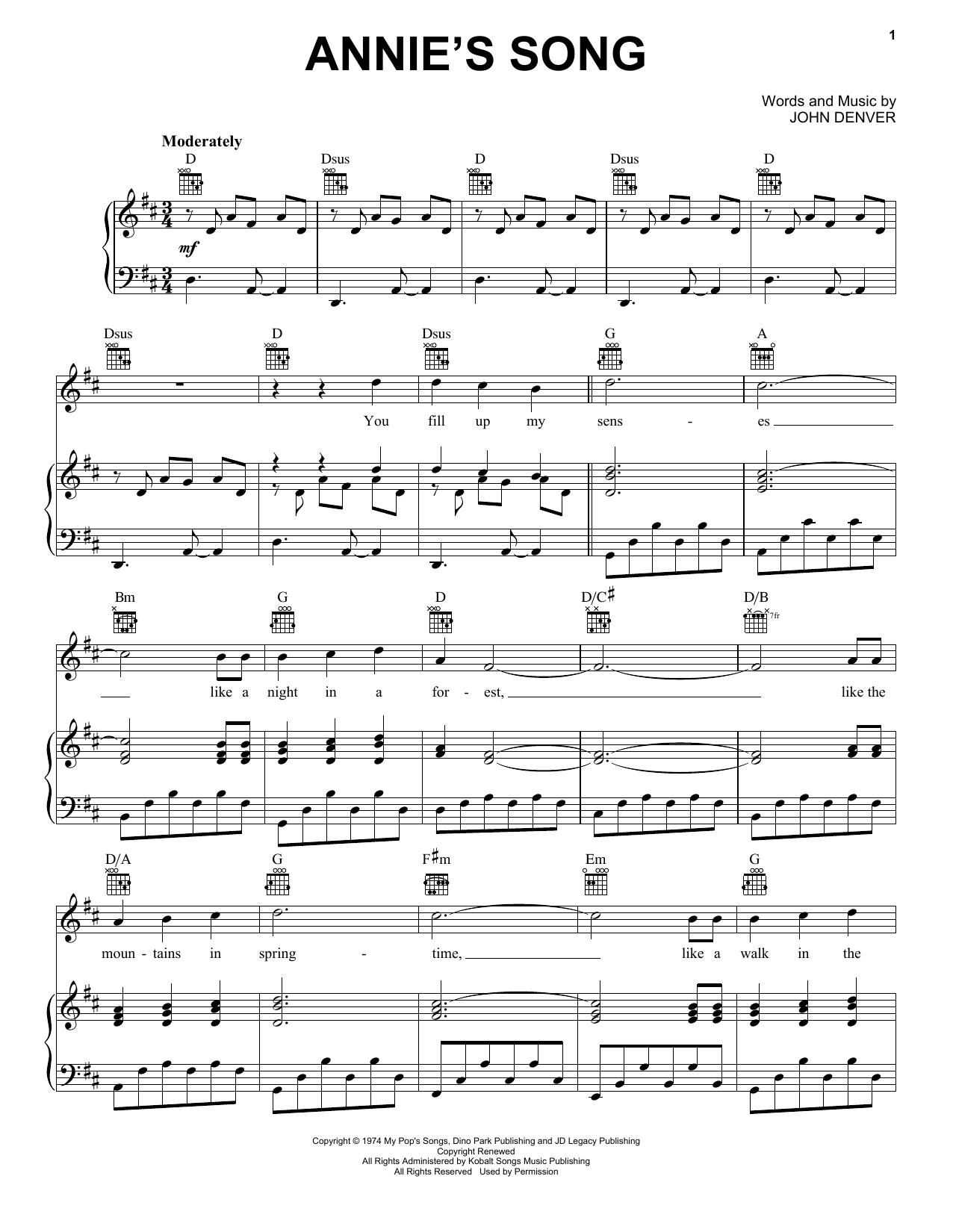 Download John Denver Annie's Song Sheet Music and learn how to play Piano & Vocal PDF digital score in minutes