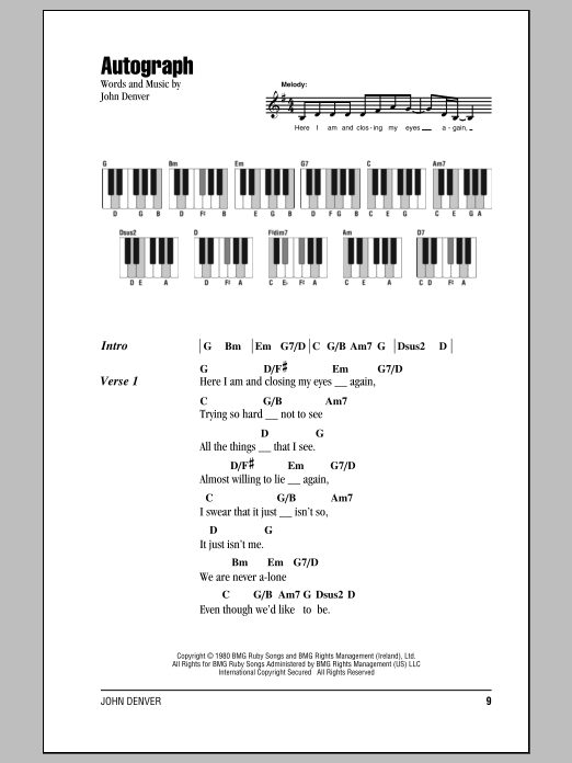 Download John Denver Autograph Sheet Music and learn how to play Lyrics & Piano Chords PDF digital score in minutes