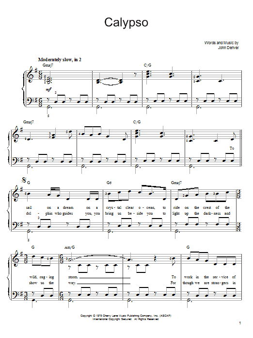 Download John Denver Calypso Sheet Music and learn how to play Piano, Vocal & Guitar (Right-Hand Melody) PDF digital score in minutes