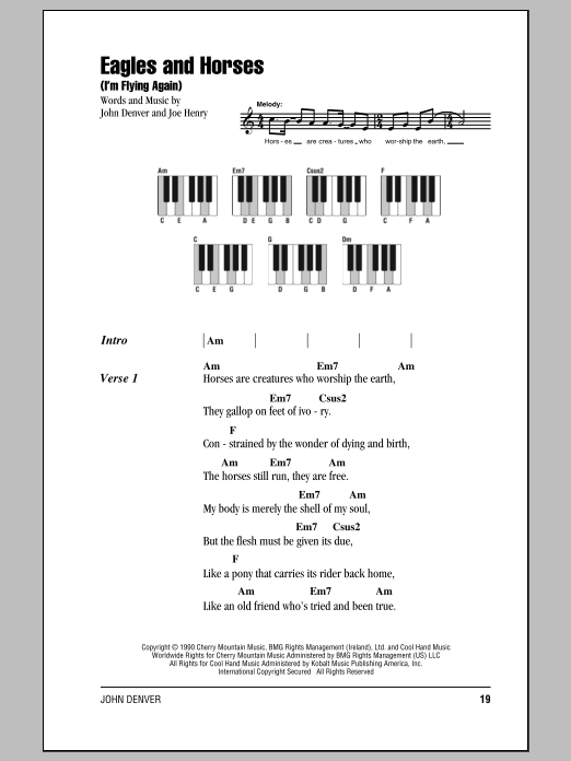 Download John Denver Eagles And Horses (I'm Flying Again) Sheet Music and learn how to play Lyrics & Piano Chords PDF digital score in minutes