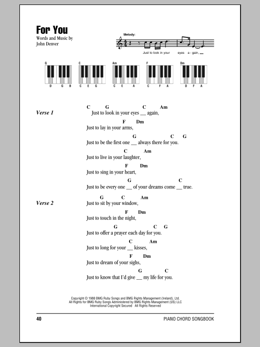 Download John Denver For You Sheet Music and learn how to play Lyrics & Piano Chords PDF digital score in minutes