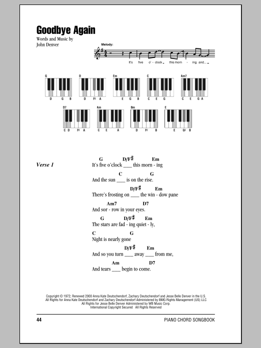 Download John Denver Goodbye Again Sheet Music and learn how to play Lyrics & Piano Chords PDF digital score in minutes
