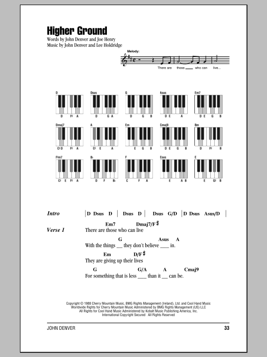 Download John Denver Higher Ground Sheet Music and learn how to play Ukulele with strumming patterns PDF digital score in minutes