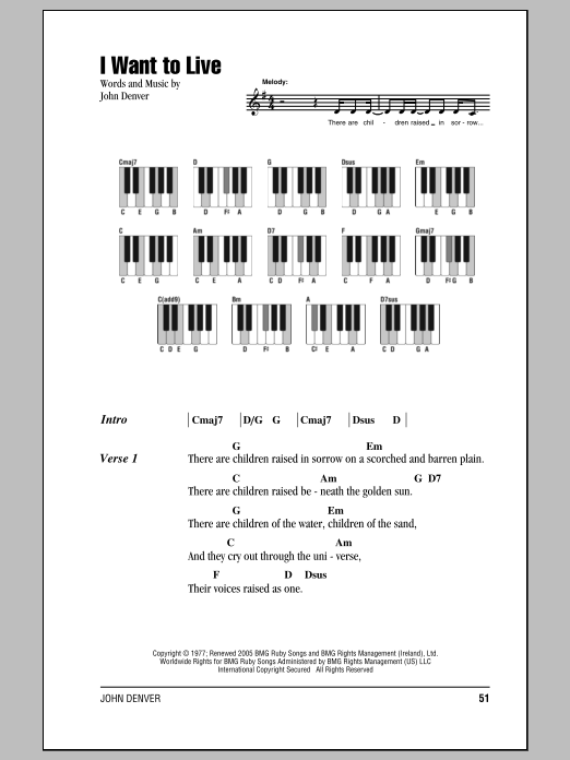Download John Denver I Want To Live Sheet Music and learn how to play Lyrics & Piano Chords PDF digital score in minutes