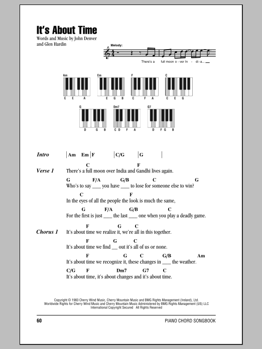 Download John Denver It's About Time Sheet Music and learn how to play Lyrics & Piano Chords PDF digital score in minutes