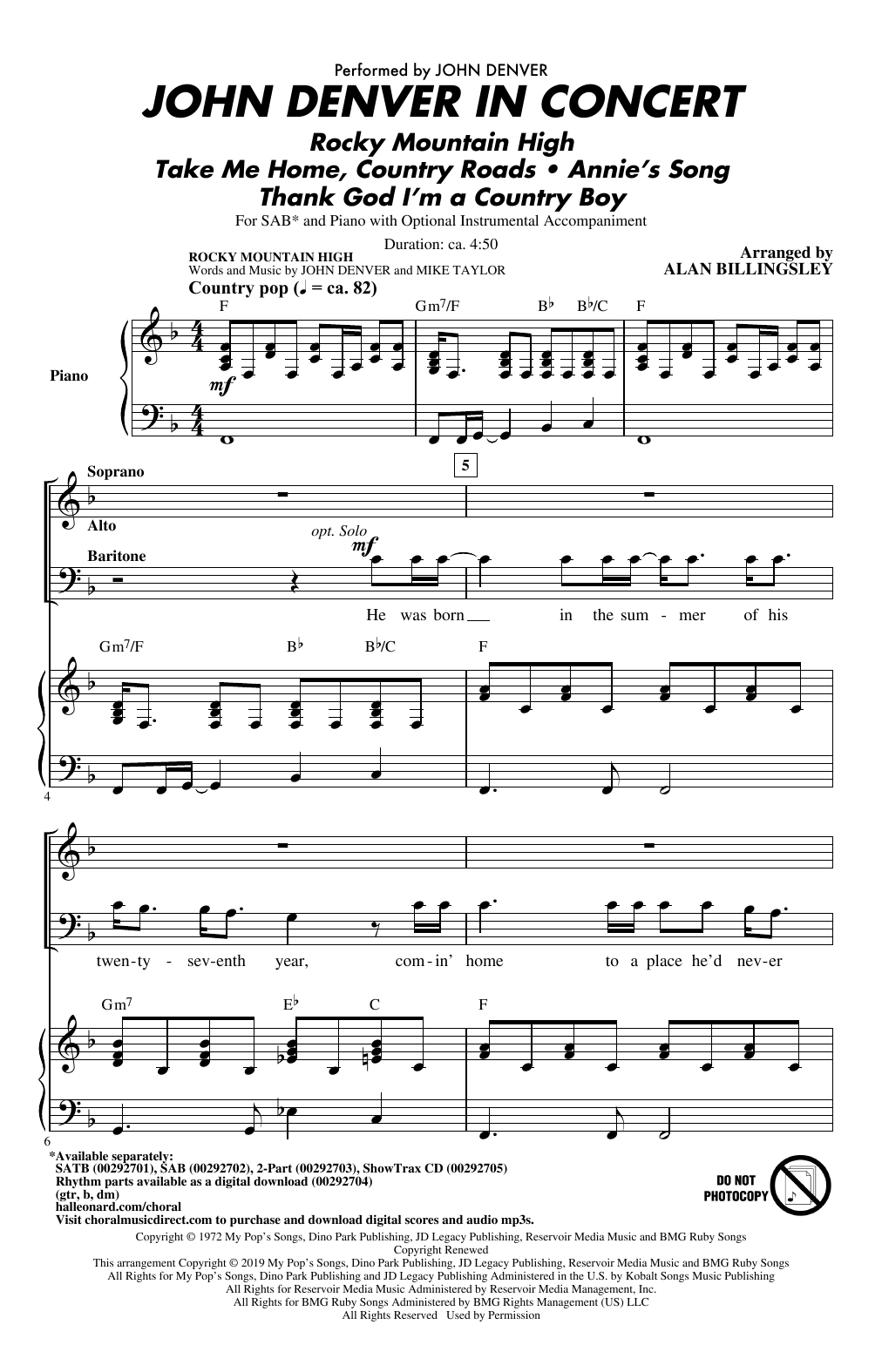 Download John Denver John Denver In Concert (arr. Alan Billingsley) Sheet Music and learn how to play 2-Part Choir PDF digital score in minutes
