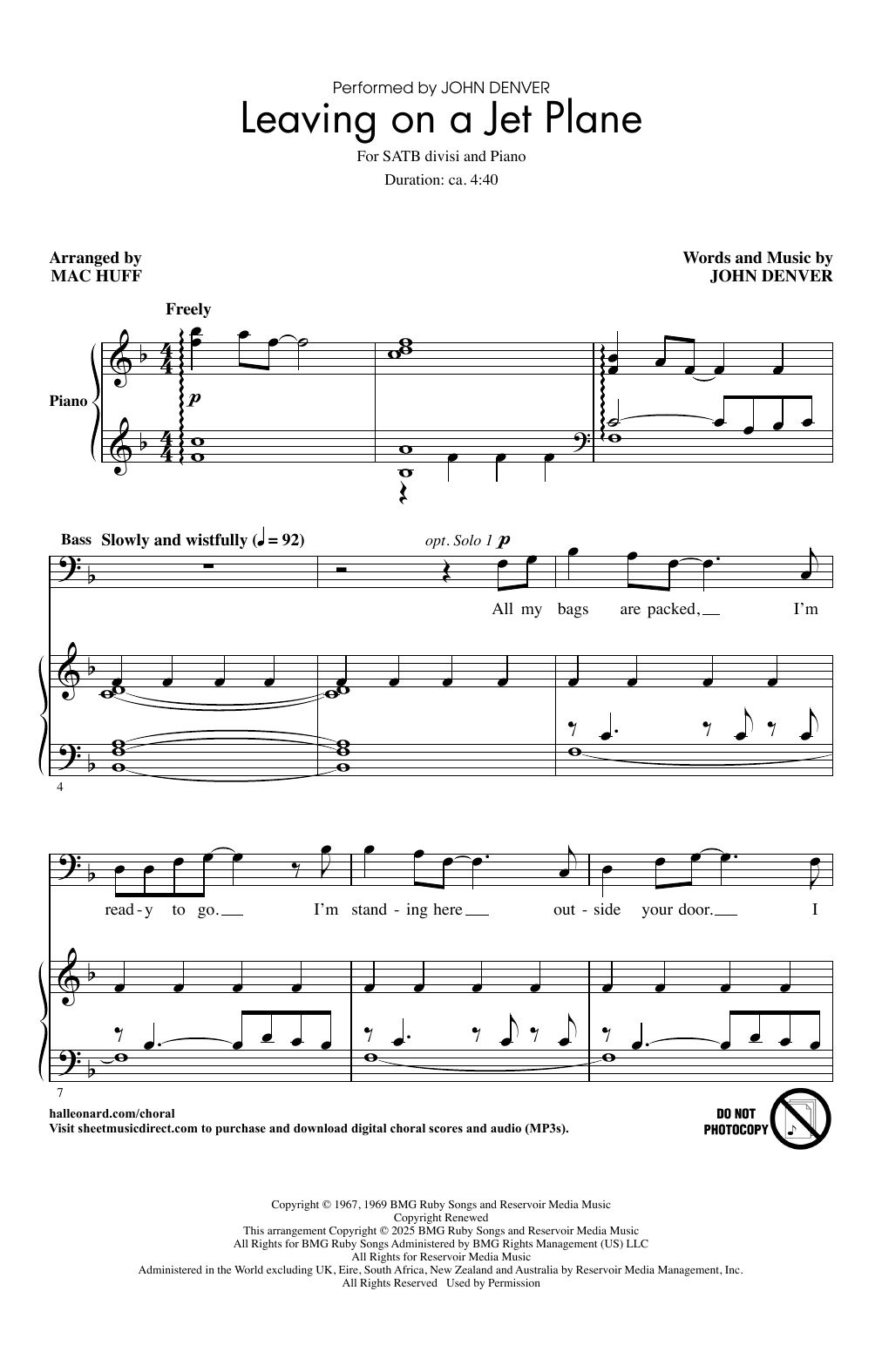 Download John Denver Leaving On A Jet Plane (arr. Mac Huff) Sheet Music and learn how to play SATB divisi Choir PDF digital score in minutes