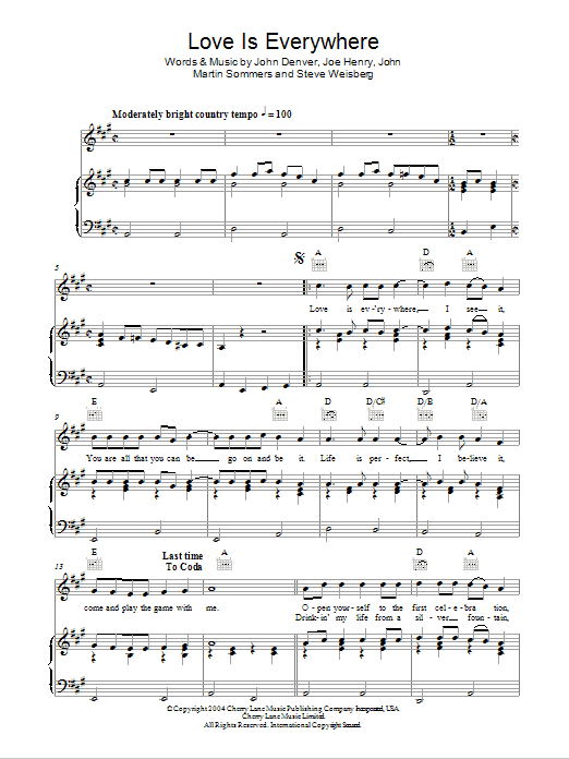 Download John Denver Love Is Everywhere Sheet Music and learn how to play Piano, Vocal & Guitar (Right-Hand Melody) PDF digital score in minutes