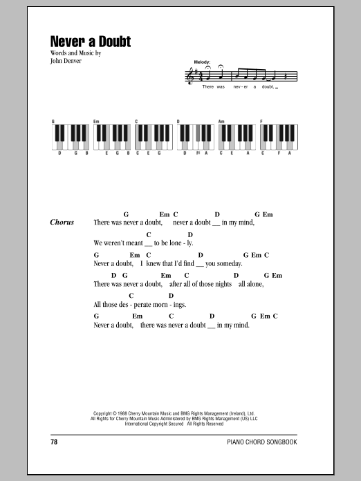 Download John Denver Never A Doubt Sheet Music and learn how to play Ukulele with strumming patterns PDF digital score in minutes