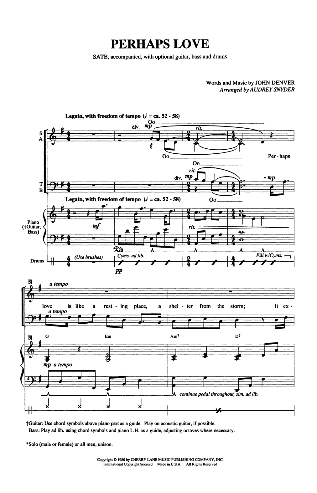 Download John Denver Perhaps Love (arr. Audrey Snyder) Sheet Music and learn how to play SATB Choir PDF digital score in minutes