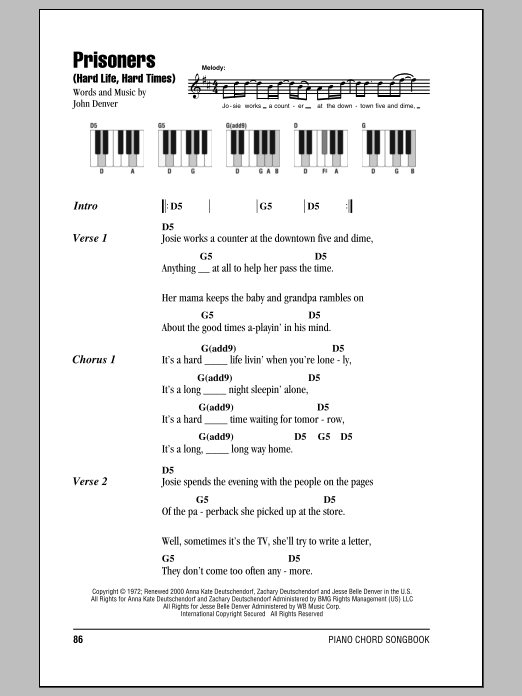 Download John Denver Prisoners (Hard Life, Hard Times) Sheet Music and learn how to play Ukulele with strumming patterns PDF digital score in minutes