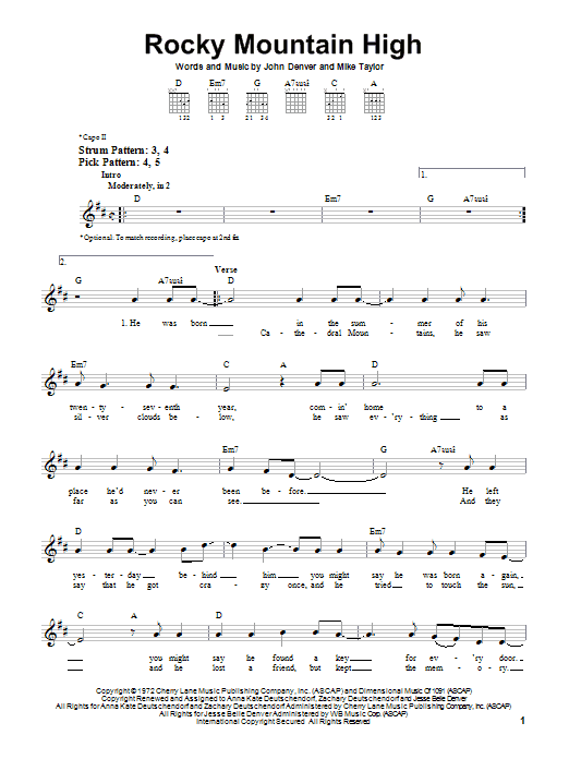 Download John Denver Rocky Mountain High Sheet Music and learn how to play Melody Line, Lyrics & Chords PDF digital score in minutes