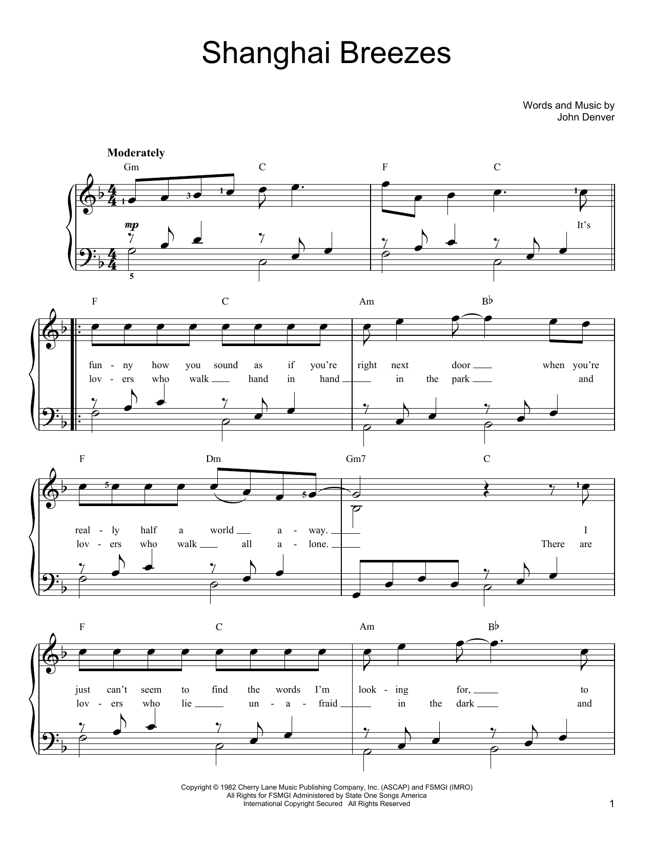 Download John Denver Shanghai Breezes Sheet Music and learn how to play Lyrics & Piano Chords PDF digital score in minutes