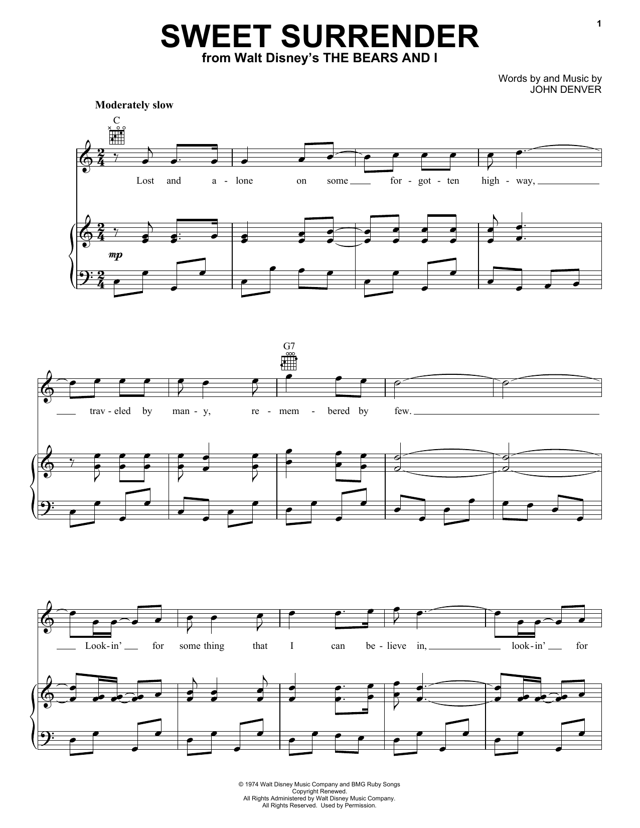 Download John Denver Sweet Surrender Sheet Music and learn how to play Piano, Vocal & Guitar (Right-Hand Melody) PDF digital score in minutes