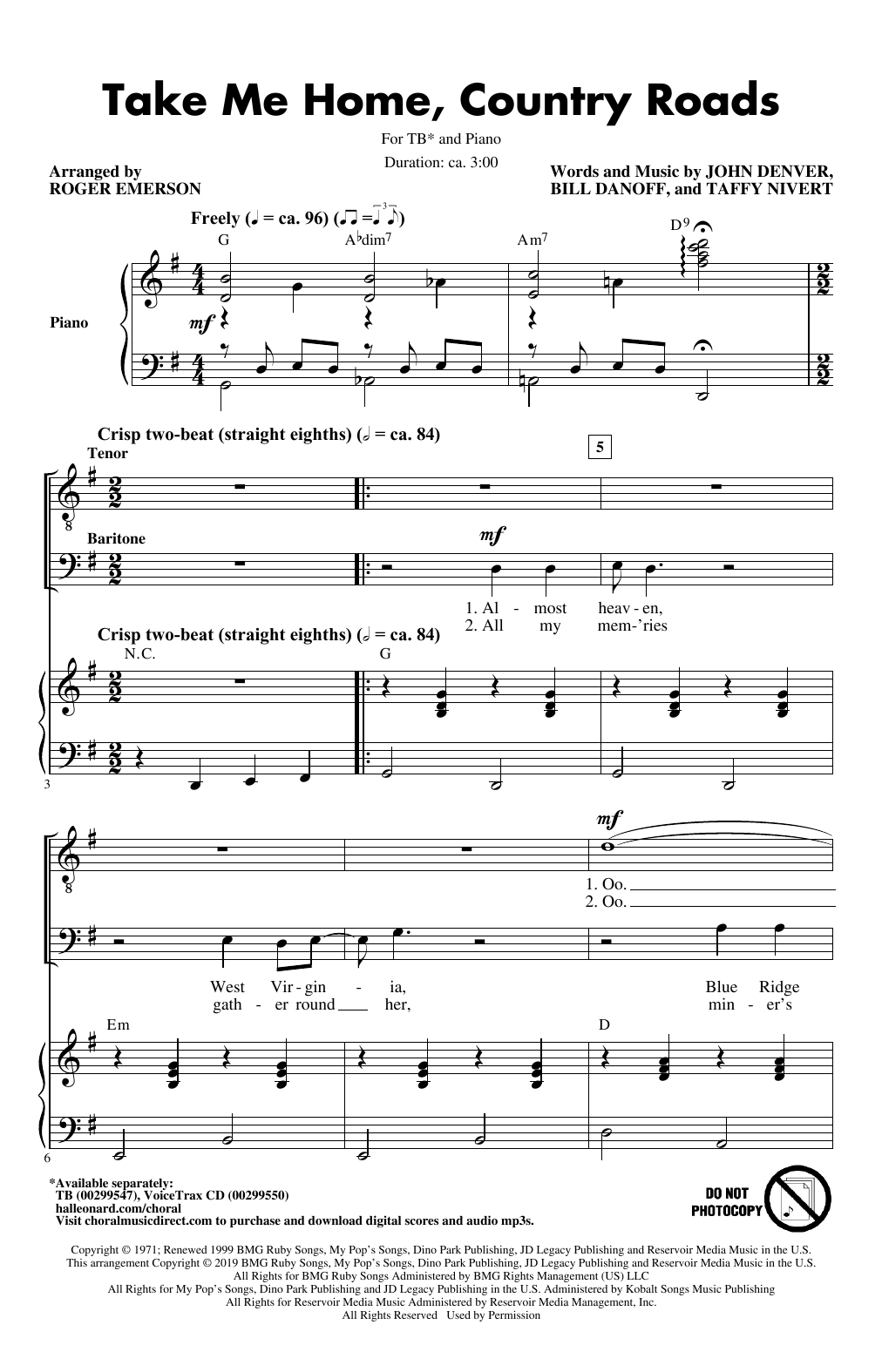 Download John Denver Take Me Home, Country Roads (arr. Roger Emerson) Sheet Music and learn how to play 2-Part Choir PDF digital score in minutes