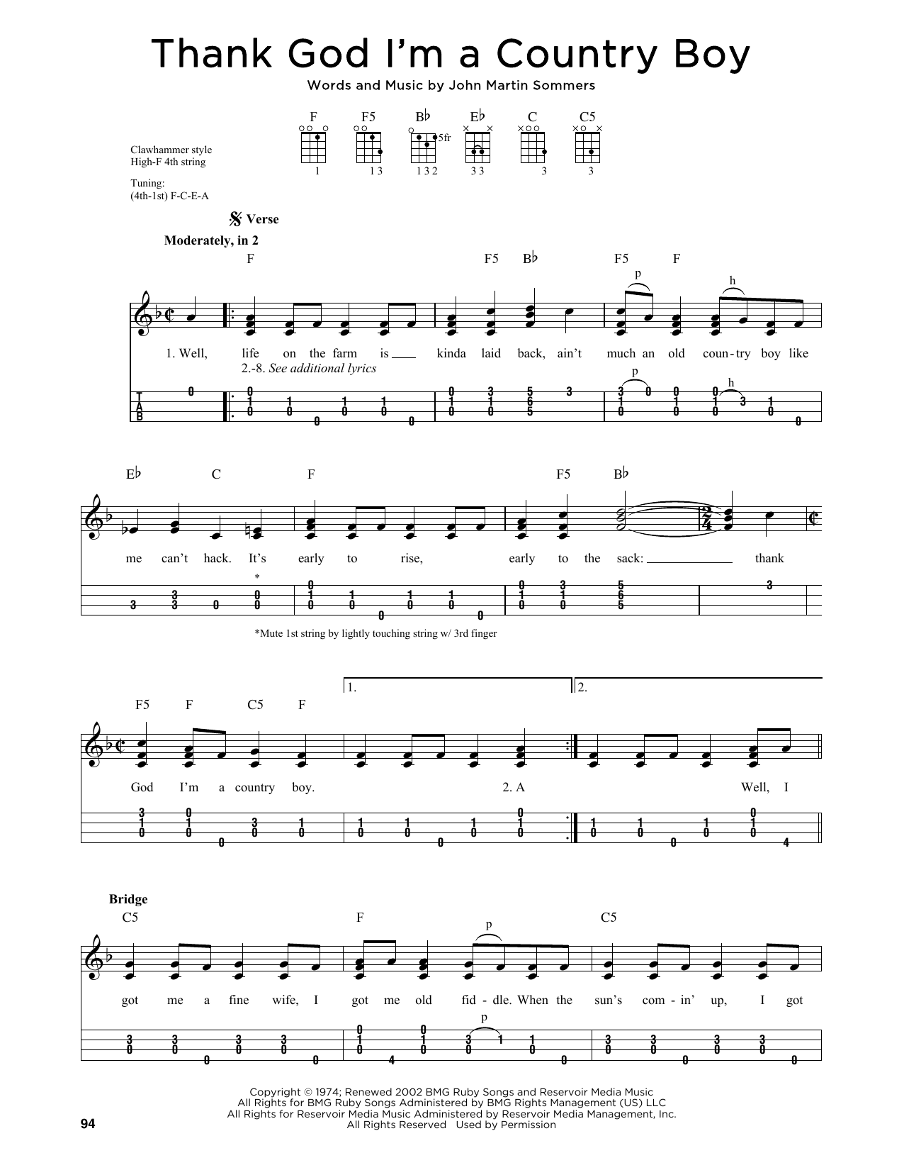 Download John Denver Thank God I'm A Country Boy (arr. Jim Schustedt) Sheet Music and learn how to play Ukulele PDF digital score in minutes