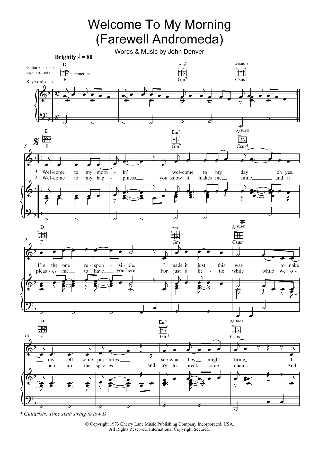 Download John Denver Welcome To My Morning (Farewell Andromeda) Sheet Music and learn how to play Piano, Vocal & Guitar (Right-Hand Melody) PDF digital score in minutes