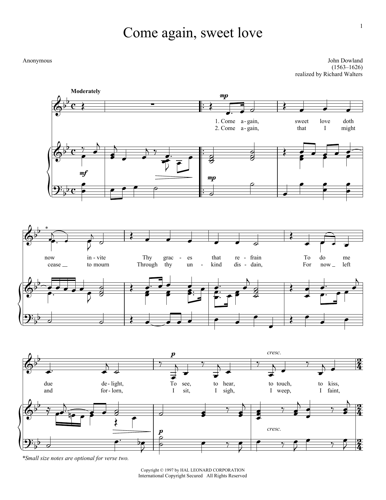 Download John Dowland Come Again, Sweet Love (Dowland) Sheet Music and learn how to play Piano & Vocal PDF digital score in minutes