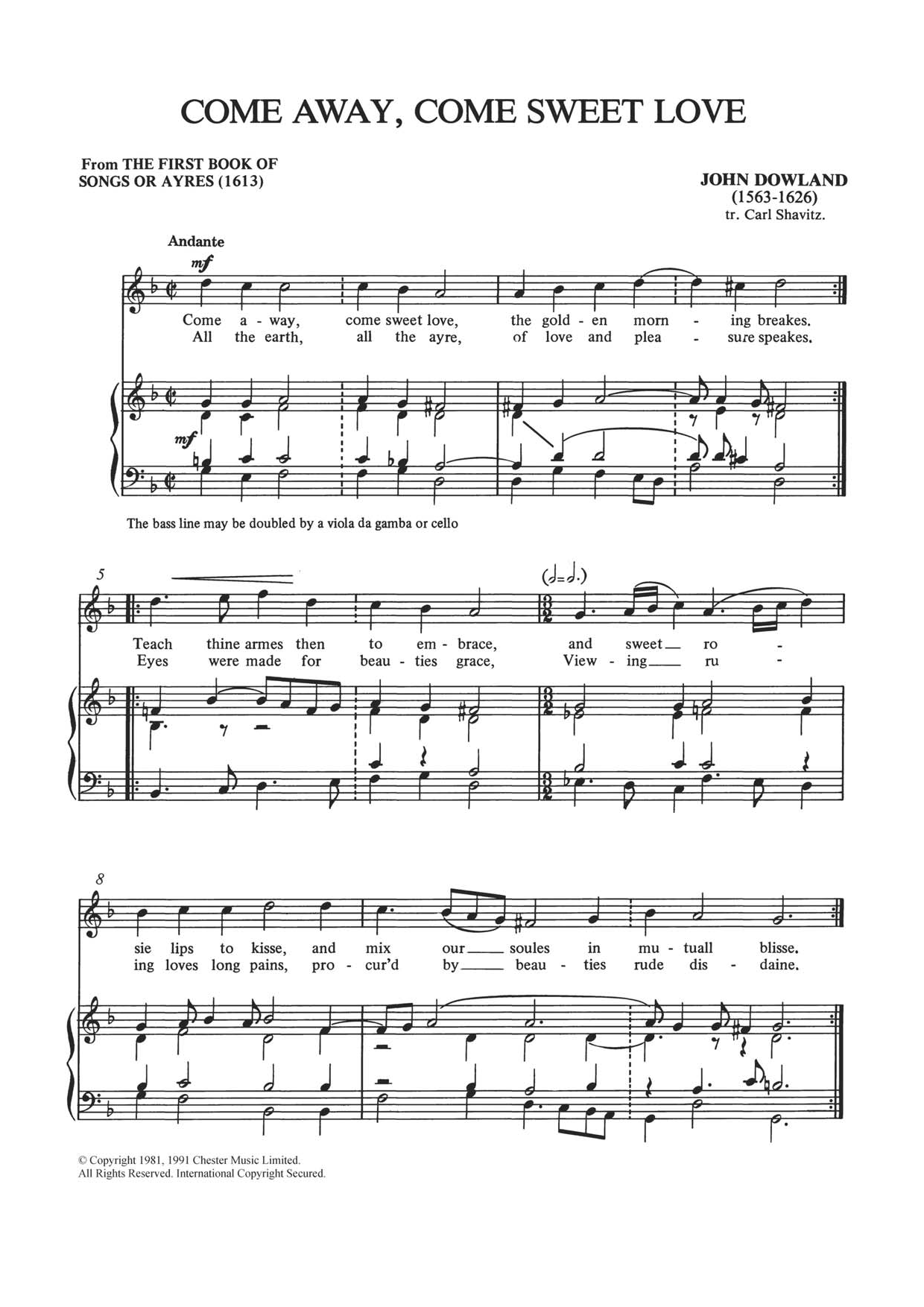 Download John Dowland Come Away, Come Sweet Love Sheet Music and learn how to play Piano & Vocal PDF digital score in minutes