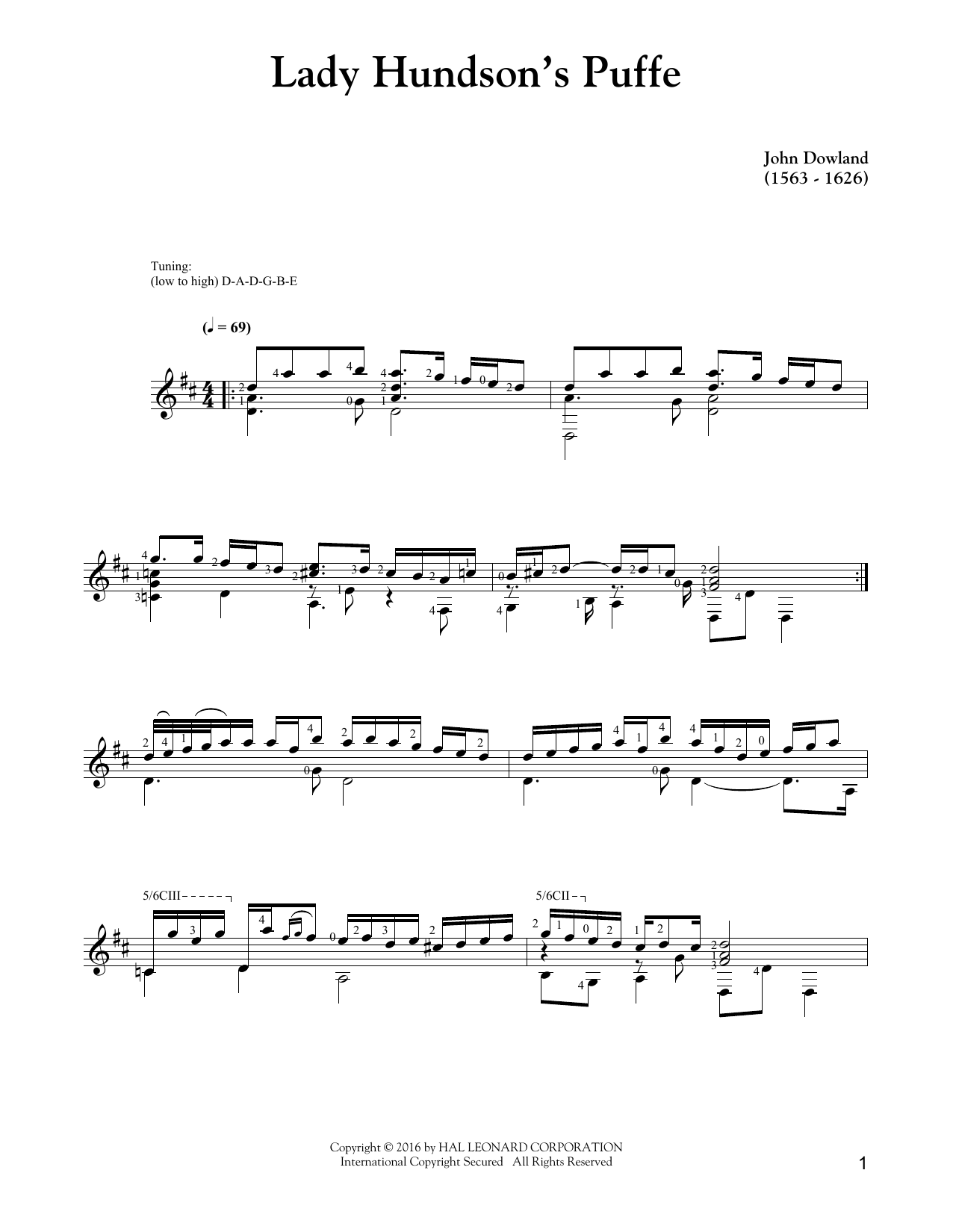 Download John Dowland Lady Hunsdon's Puffe Sheet Music and learn how to play Guitar Tab PDF digital score in minutes