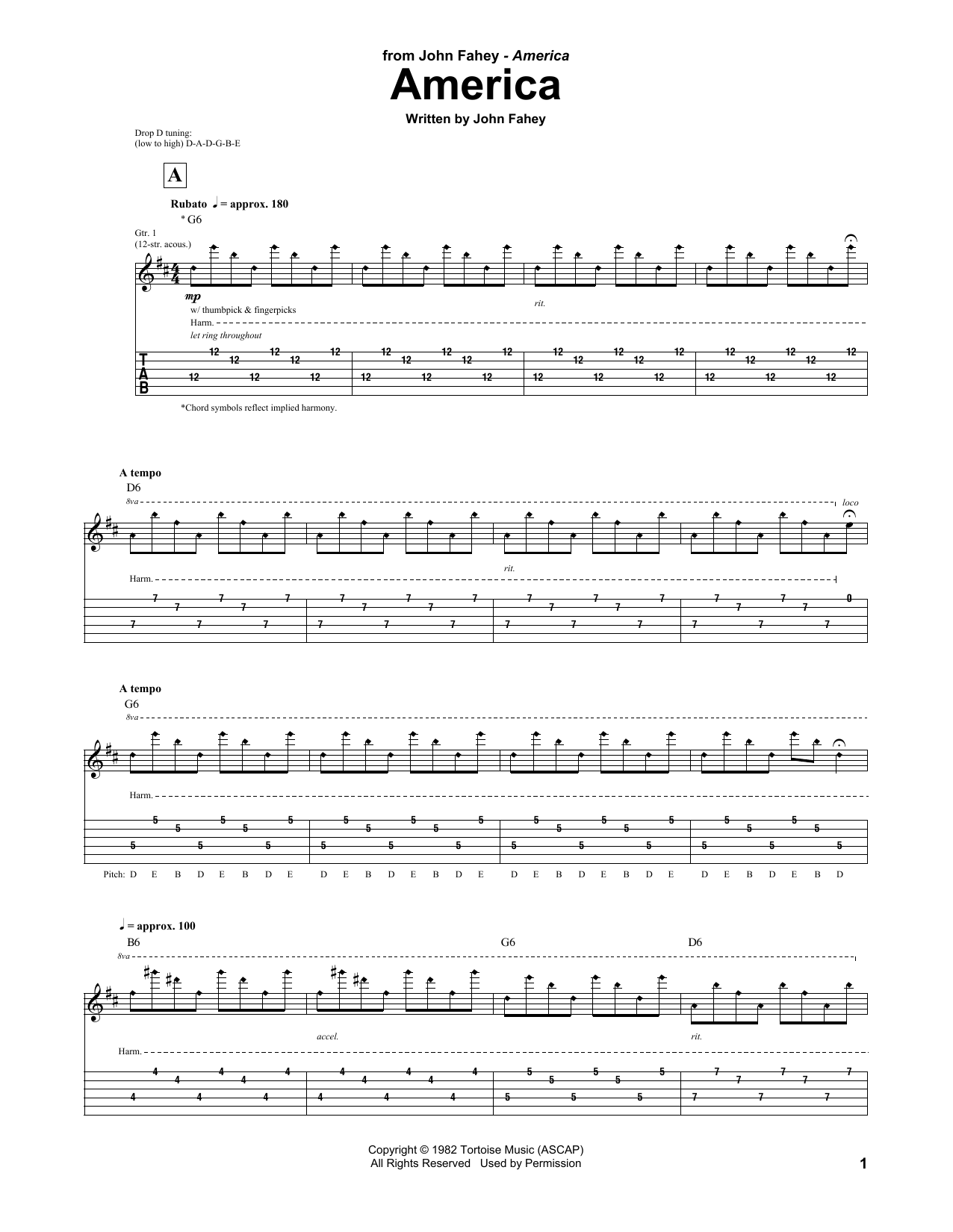Download John Fahey America Sheet Music and learn how to play Guitar Tab PDF digital score in minutes