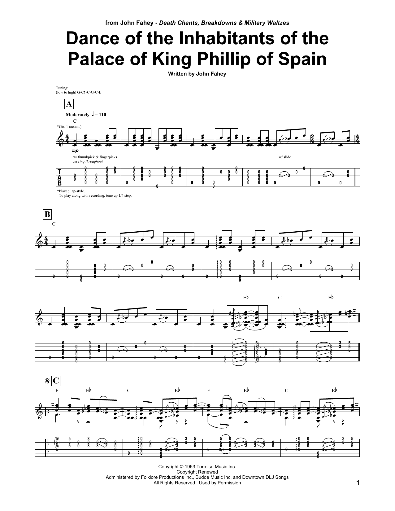 Download John Fahey Dance Of The Inhabitants Of The Palace Of King Philip Of Spain Sheet Music and learn how to play Guitar Tab PDF digital score in minutes