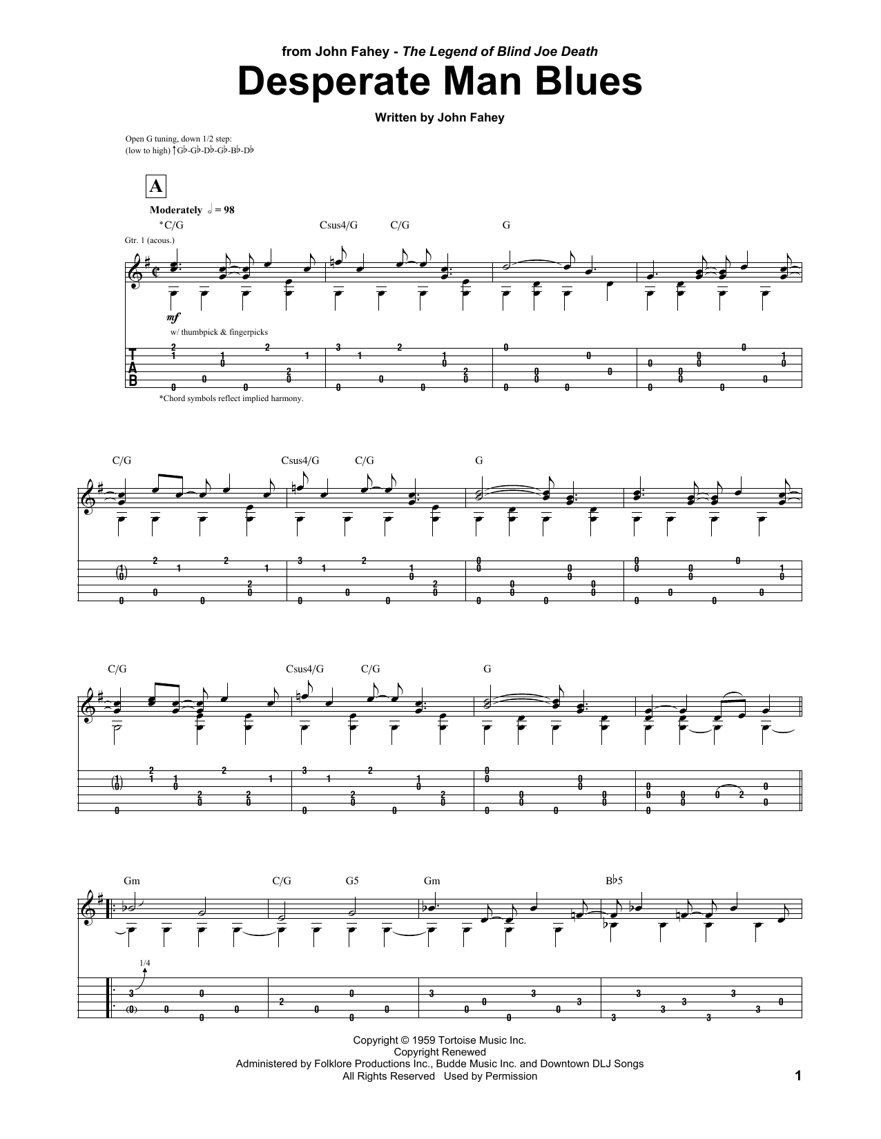 Download John Fahey Desperate Man Blues Sheet Music and learn how to play Guitar Lead Sheet PDF digital score in minutes