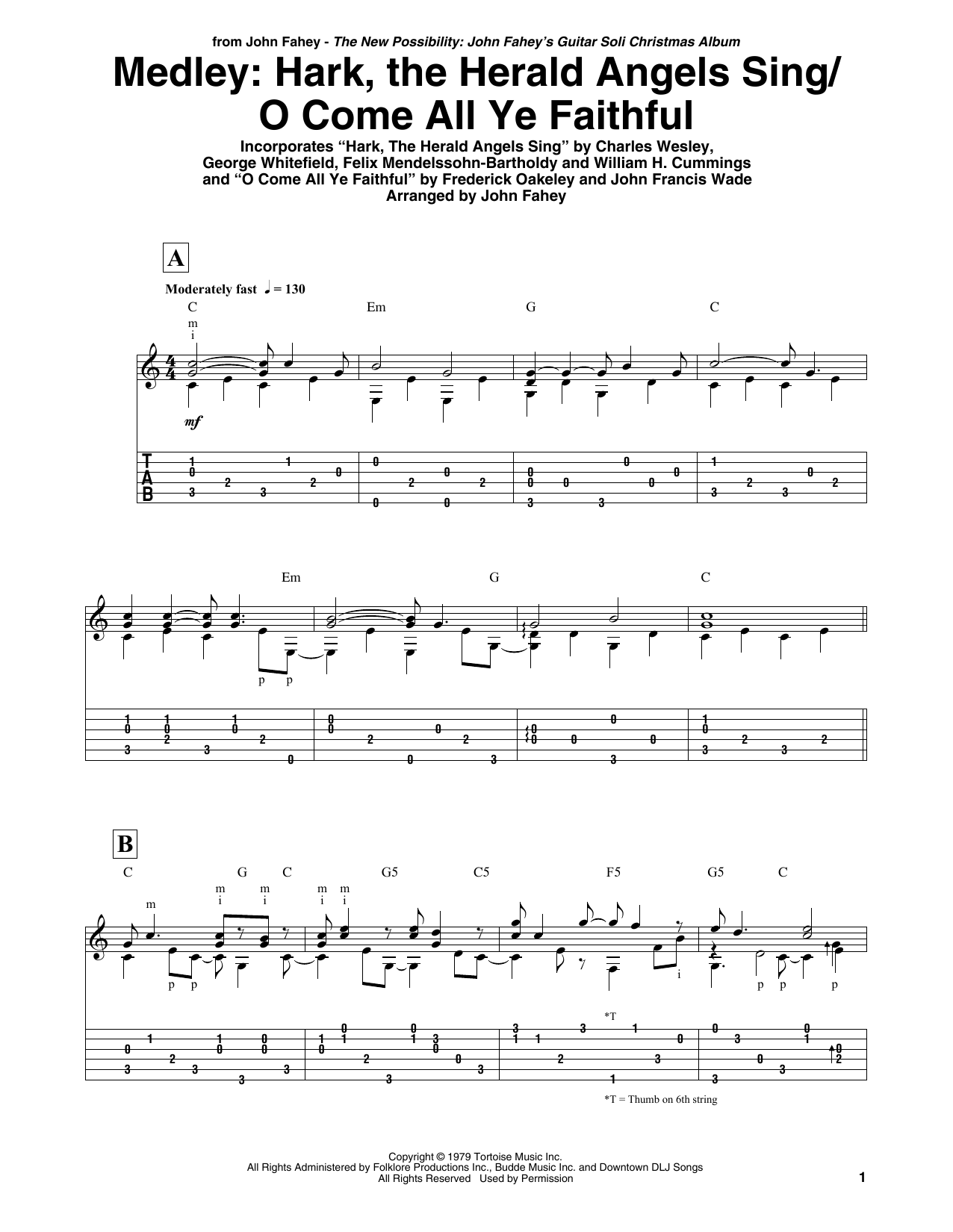 Download John Fahey Hark, The Herald Angels Sing / O Come All Ye Faithful - Medley Sheet Music and learn how to play Guitar Tab PDF digital score in minutes