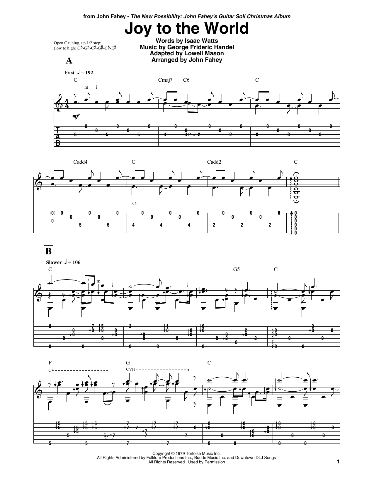 Download John Fahey Joy To The World Sheet Music and learn how to play Guitar Tab PDF digital score in minutes