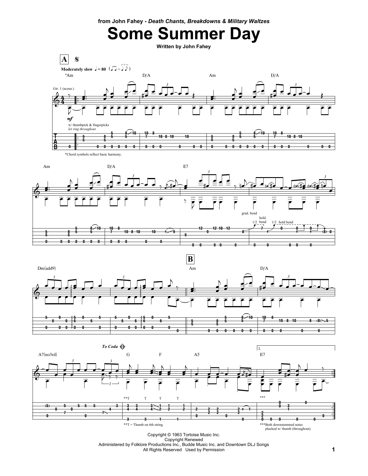 Download John Fahey Some Summer Day Sheet Music and learn how to play Guitar Tab PDF digital score in minutes